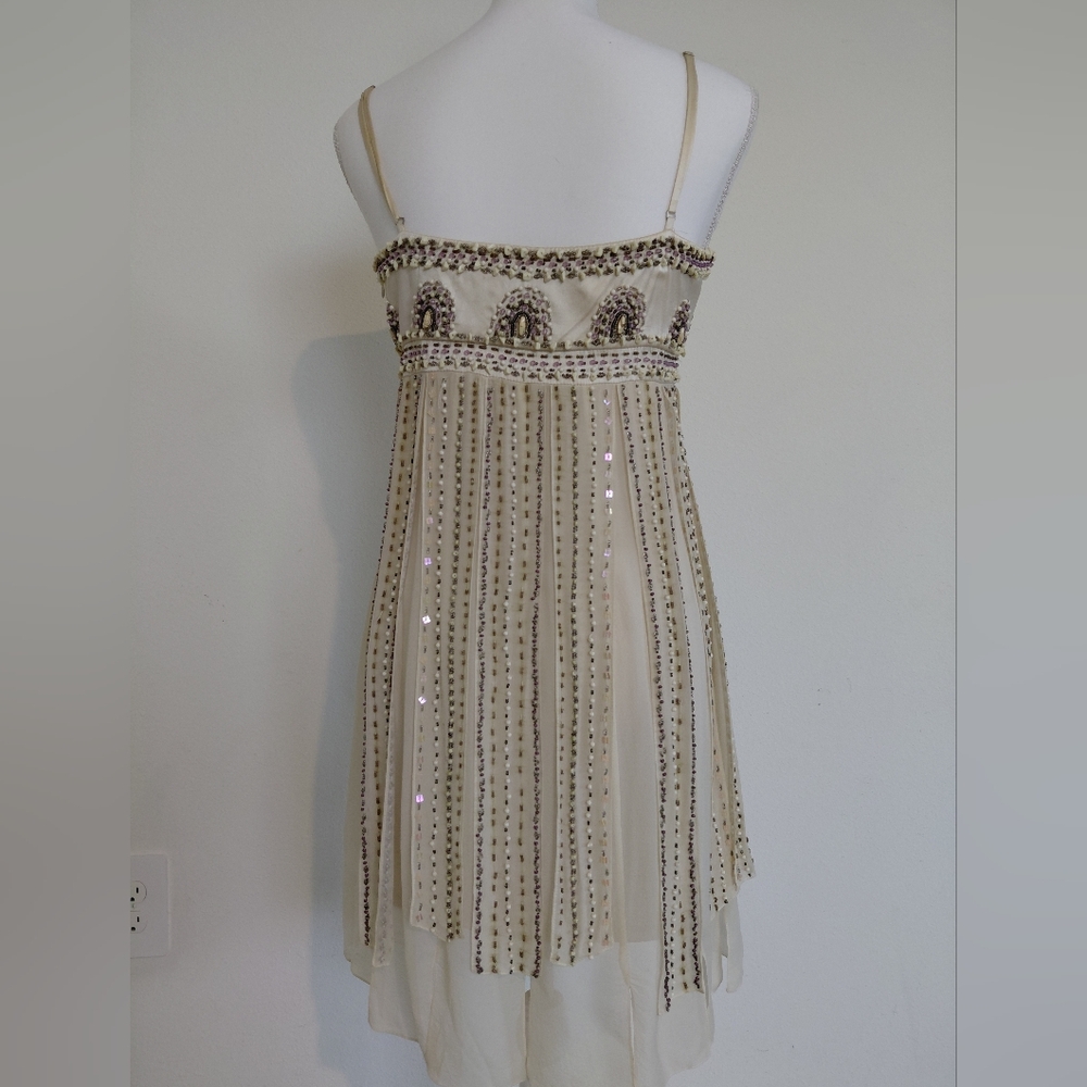 Vintage Sue Wong Couture Silk Beaded Fringe Cocktail Dress Ivory Formal Y2K Size - Picture 8 of 11